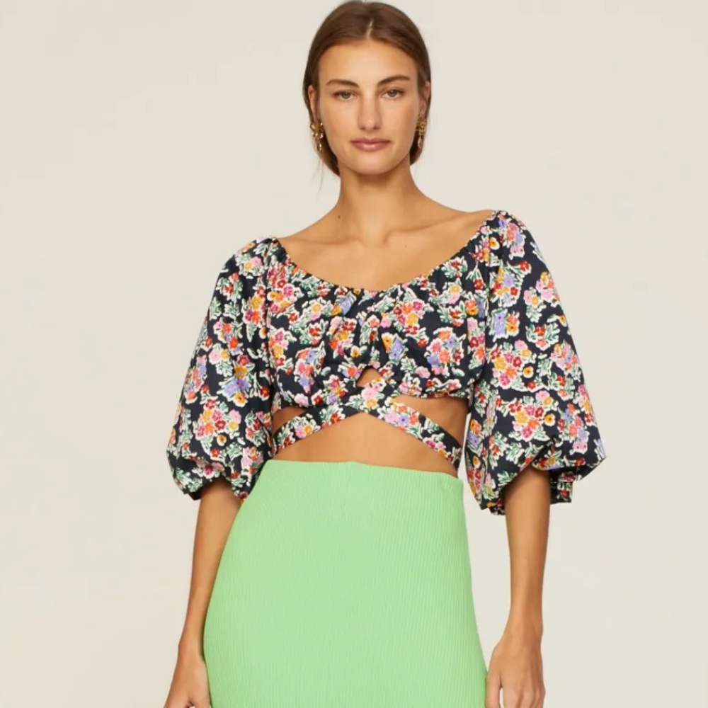 For Love and Lemons Women's Floral Tate Crop Top Half Sleeve Size XL‎